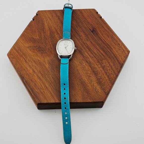 Fossil Women's Silver Tone Simple Watch Teal Leather Strap ES-3559 Roman Numeral - Picture 4 of 6